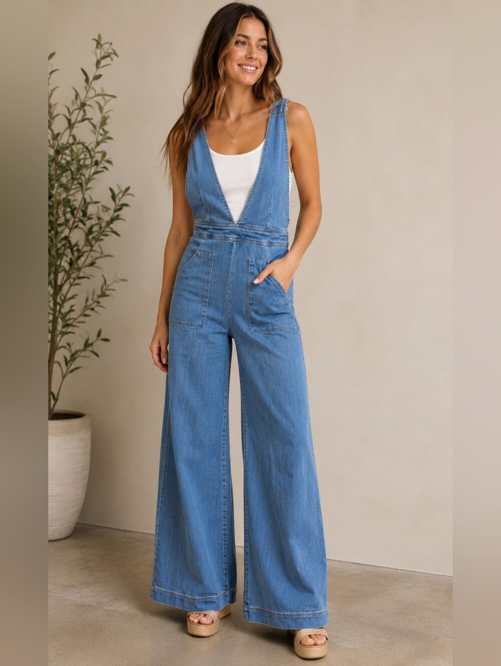 Dollhouse Wide-Leg Denim Overalls Plunging Neckline Size 7 Cotton Stretch